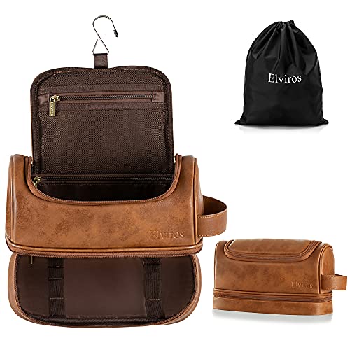 Elviros Toiletry Bag for Mens PU Leather Travel Organizer Kit with Hanging hook, Large Water-resistant Toiletries Bathroom Shaving Bags (Extra Large, Brown) - color: Brown, size: Extra Large (Pack of 1)