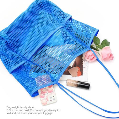 KPX Beach Bag with Mini Pocket, Summer Beach Tote Bags for Women Large Foldable Mesh Swimming Pool Travel Bags - Sandproof - color: Ocean Blue