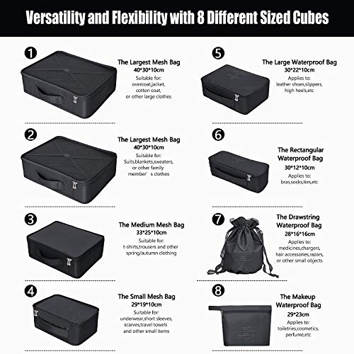 Packing Cubes 8 Sets/7 Colors Travel Luggage Organizers Include Waterproof Shoe Storage Bag Convenient Packing Pouches for Traveller (Black)
