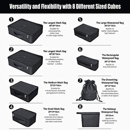 Packing Cubes 8 Sets/7 Colors Travel Luggage Organizers Include Waterproof Shoe Storage Bag Convenient Packing Pouches for Traveller (Black)