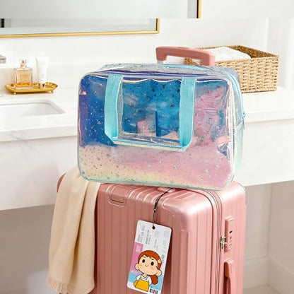 Holographic Blue Clear Star Large Cosmetic Bag and TPU Travel Pouch with Handle,Durable Material,Zipper Design-Ideal for Makeup,Travel Essentials (Holographic Blue+Stars) - color: Holographic Blue+stars