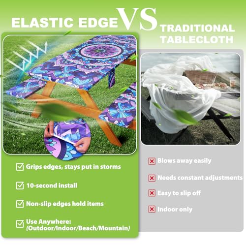 Fitted Picnic Table Cover with Bench Covers Vinyl Waterproof Elastic Edges Fitted Rectangle Tables Patio Tablecloth Camping Gear and Essentials Rv Accessories Road Trip Supplies Car Travel Must Haves - color: Purple Mandala, size: 72in