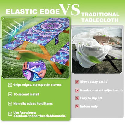 Picnic Table Cover with Bench Covers Vinyl Elastic Edges Fitted Rectangle Tables Seat Waterproof 3-Piece 96X30in Set Outdoor Rectangular Folding Backing Tablecloth Camping Over Size Mandala - color: Purple Mandala, size: 96in
