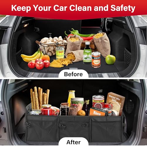 Simple Deluxe Car Trunk Organizer, Multi Compartments Collapsible Trunk Storage, Anti-slip, Waterproof 600D Oxford Polyester, with Adjustable Straps for SUV, Minivan, Truck, Large Size, Black New