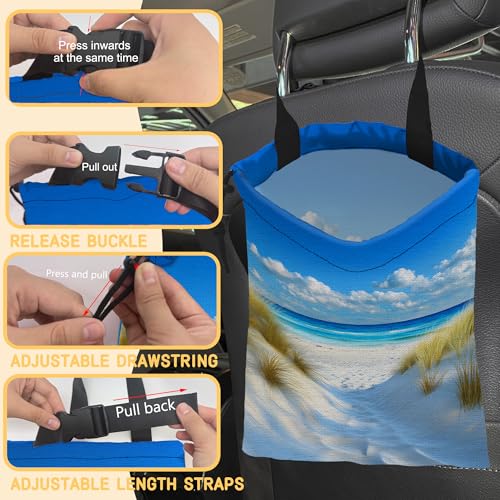 Summer Beach Car Garbage Bag, Compact 5.1L Canvas Trash Can with Drawstring Closure, Perfect for Cars, SUVs, RVs, and More - color: Summer Beach