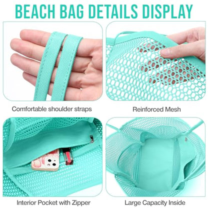 KPX Beach Bag with Mini Pocket, Summer Beach Tote Bags for Women Large Foldable Mesh Swimming Pool Travel Bags - Sandproof - color: Blue