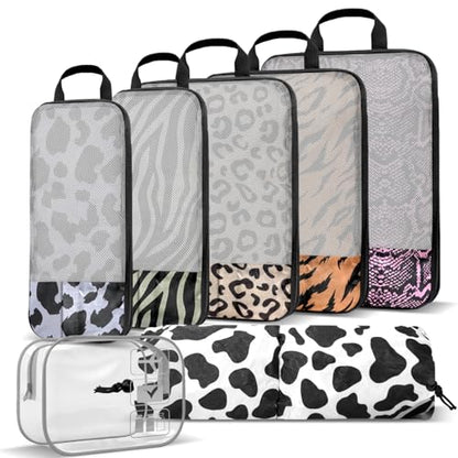 Travel Animal Skin Print Compression Packing Cubes Set - Slim-Fold Packing Organizers -Travel Essential Bag for Clothes Shoes Cosmetics Toiletry 7 Piece - color: Black-10