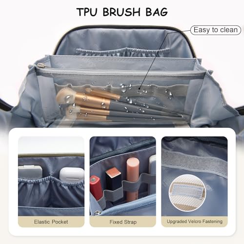 BOYATU Travel Makeup Bag Cosmetic Bag for Women: 3 Pcs Set Striped Make up Bag with Compartment - Waterproof Vegan Leather Toiletry Bag with Handle - Makeup Organizer for Travel Essential(A-6-Apricot) - color: A-6-Apricot
