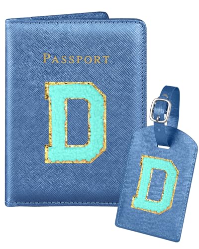 Slohif Passport Holder Initial Lugguage Tag Set Suitcase Cover Wallet Case for Travel Women - Leather Letter Passport Book Personalized Organizer Card Protector Sleeve Essentials Slim Carrier Blue D - color: Blue, style: D