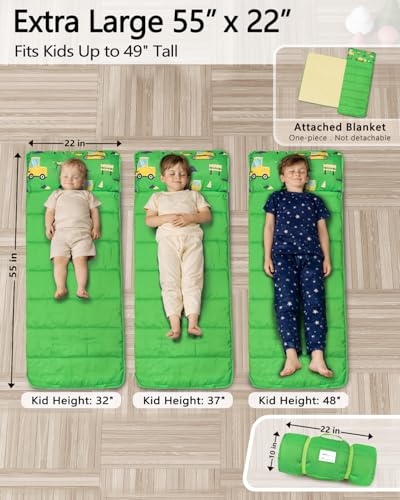 Primlect Toddler Nap Mat with Removable Pillow and Fleece Blanket, Extra Large 55''x35'' Sleeping Bag, Washable, Light, Easy to Roll up, Perfect for Daycare, Preschool, Kindergarten, Travel - color: Green Car