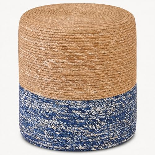 Wimarsbon Natural Seagrass Foot Stool, Hand Weaving Round Ottoman, for Living Room, Outdoor Seat (Natural & Blue) - color: Natural Cattail & Blue Corn Shell