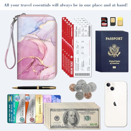 Fintie Family Passport Holder Wallet, RFID Blocking Travel Document Organizer Clutch Bag Credit Cards Case Cover for Women Men - color: Marble Pink