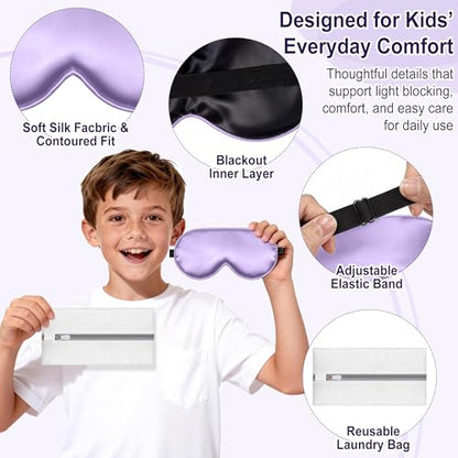 Kids Sleep Mask, Kids Eye Mask for Boys Girls, Kid Silk Eye Masks with Adjustable Strap for Sleeping, 100% Light-Blocking Sleep Eye Cover, Includes Protective Laundry Bag (Purple) - color: Purple
