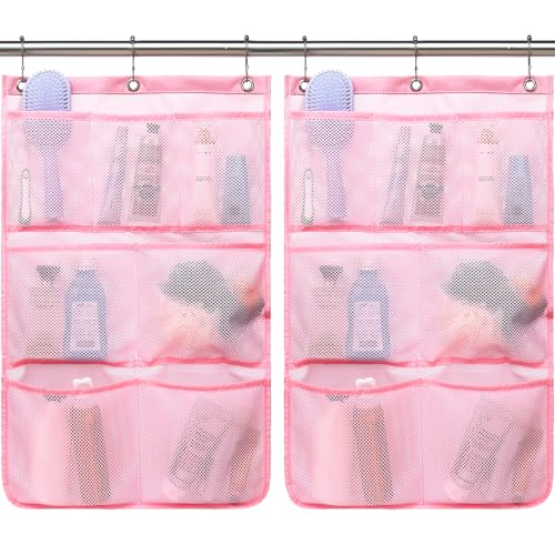 Fammart Mesh Shower Caddy Hanging, Quick-Drying Shower Organizer with 7 Pockets, Portable Bathroom Organizers and Storage for Shampoo, Soap, Loofah, Travel, and Cruise Essentials - color: Hanging Type, 2 Pack - Pink