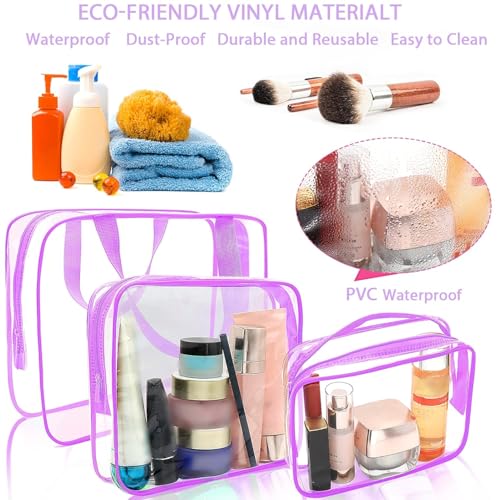 APREUTY Clear Makeup Bags, TSA Approved 6 Pcs Cosmetic Makeup Bags Set Clear PVC with Zipper Handle Portable Travel Luggage Pouch Airport Airline Vacation Organization (Purple) - color: Purple-6PCS (Large+Medium+Small)