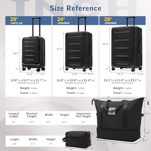 Merax Luggage Sets 5 Piece Front Open, Hardside 20" Carry On Suitcase Set with USB Port,Lightweight Expandable Travel 24" 28" Luggage with Bags TSA Locks Double Spinner Wheels,Black - color: Black-1, size: 3 piece(20front open+24+28+bags)