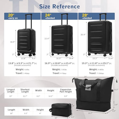 Merax Luggage Sets 5 Piece Front Open, Hardside 20" Carry On Suitcase Set with USB Port,Lightweight Expandable Travel 24" 28" Luggage with Bags TSA Locks Double Spinner Wheels,Black - color: Black-1, size: 3 piece(20front open+24+28+bags)
