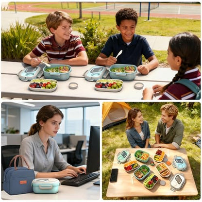 PEDECO Lunch Containers Bento Box Set for Adults & Kids with Insulated Bag, Leakproof 3-Compartment and 2-Tier Stackable Container with Portable Sauce Pod, Microwave/Dishwasher Safe, BPA-Free (Blue) - color: Blue