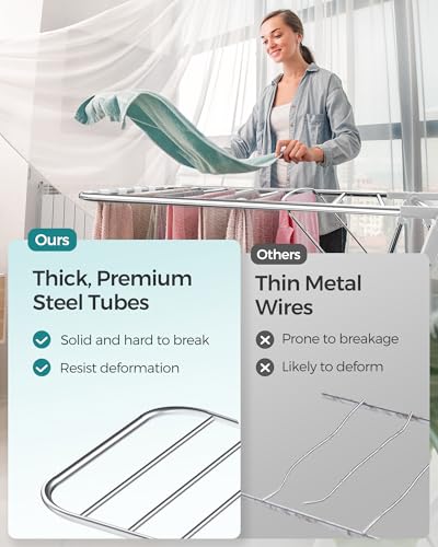 SONGMICS Clothes Drying Rack, Foldable 2-Level Laundry Drying Rack, Free-Standing Laundry Airer, with Height-Adjustable Wings, 33 Drying Rails, Sock Clips, Silver and White ULLR053W01V1 - color: Silver + White, size: 2 Tiers（22"d x 61.8"w x 64.3''h )