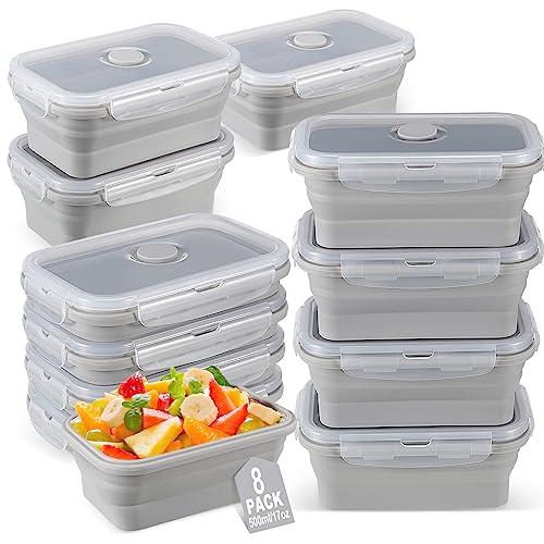 Mifoci Set of 8 Silicone Collapsible Bowls for Camping with Vent Lid Silicone Storage Containers for Food Meal Preparation Square Bowl Microwave Freezer Dishwasher Safe(Gray,17 Oz/ 500 ml) - color: Gray, size: 17 oz/ 500 ml