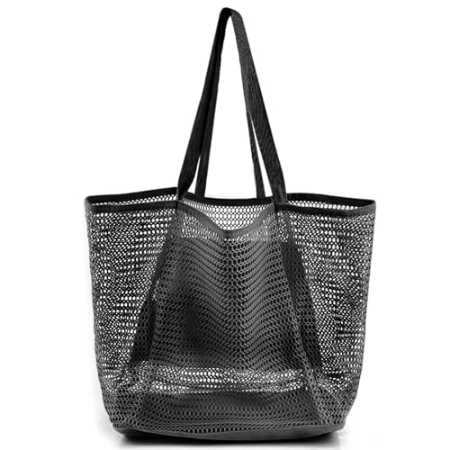 HOHOM Beach Bags for Women, Summer Travel Mesh Tote Bag with Large Inner Pocket, Sandproof Woven Shoulder Handbag - color: Coal Black