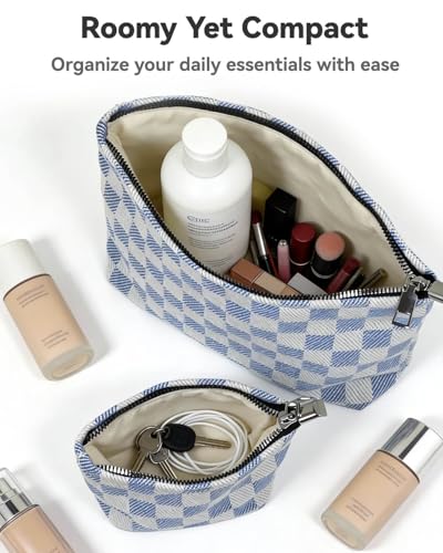 Gingham Canvas Makeup Bag Set Preppy Travel Makeup Pouch for Purse | Premium Thick Canvas Material, Timeless Blue White Checkered, Soft Lining, Daily Use and Gifts - style: Checkered Blue Canvas