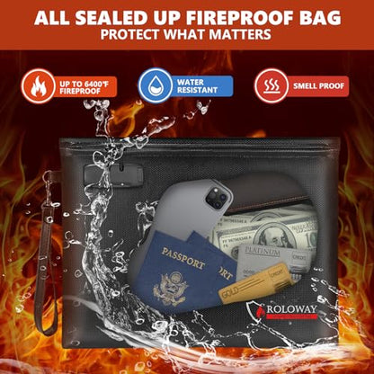 ROLOWAY Fireproof Document Bag (14.5 x 11.5 inch), 6400℉ Fireproof Money Bag with Zipper for Cash, Fire Safe Money Pouch with Lock (Black) - color: Black