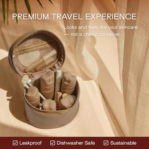 RIES Essential Refillable Toiletry Travel Bottles – Set of 5 (3.4oz & 1.7oz) Airless Pump Containers for Shampoo, Conditioner, Body, Face – Leak-Proof, TSA-Approved, Dishwasher Safe - Sand - color: Sand