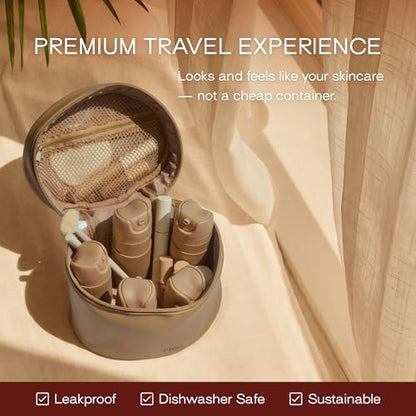 RIES Essential Refillable Toiletry Travel Bottles – Set of 5 (3.4oz & 1.7oz) Airless Pump Containers for Shampoo, Conditioner, Body, Face – Leak-Proof, TSA-Approved, Dishwasher Safe - Sand - color: Sand