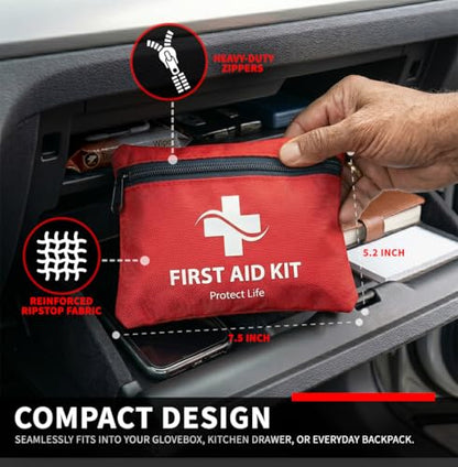 Protect Life Doctor Developed Mini First Aid Kit, 100 Piece Waterproof Emergency Kit for Car, Boat, Camping & Travel, Includes Emergency Blanket, Tourniquet & First Aid Guide - size: 100 Pieces Kit