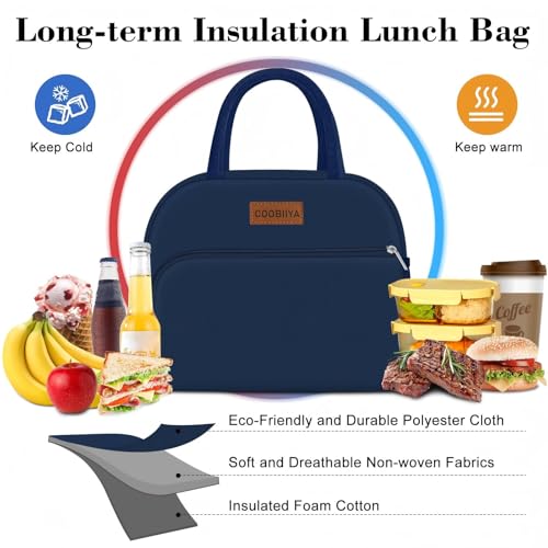 Coobiiya Lunch Bag for Men and Women - Navy Blue, Aluminum, 10.8" x 6.3" x 8.85" - Spacious, Lightweight, and Durable - color: Navy, size: A-regular