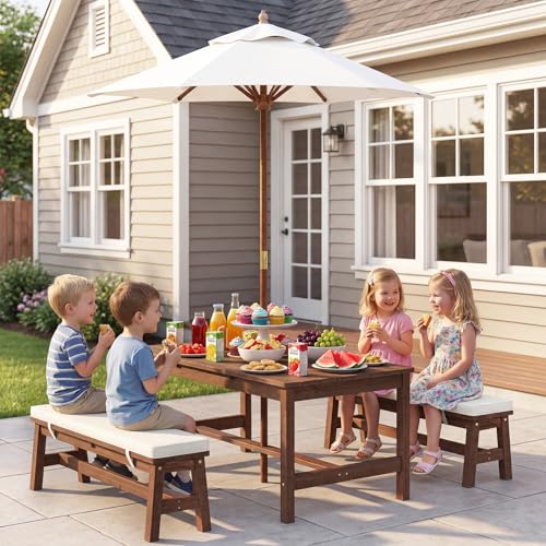Olakids Kids Picnic Table, Outdoor Wooden Bench Set with Removable Cushions Adjustable Foldable Umbrella, Toddler Backyard Furniture for Patio Garden