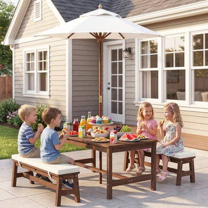 Olakids Kids Picnic Table, Outdoor Wooden Bench Set with Removable Cushions Adjustable Foldable Umbrella, Toddler Backyard Furniture for Patio Garden