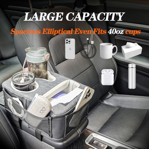 Auto Center Console Cup Holder Organizer, Universal PU Leather Armrest Storage Box with Tissue Holder & Side Pockets, Multi-use for Car Front/Back Seat, Truck, RV, Boat