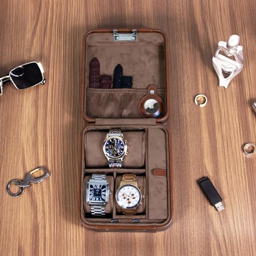 KAMIER Watch Case with Combination Lock - 4 Watch Storage and Jewelry Organizer - Watch Travel Case for Ring and Watch Storage, PU Leather Travel Watch Case, Ideal for Gift (With Gift Box), Brown - color: Brown