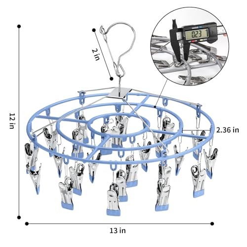 PHYDELU Drying Rack Clothing with 24 Clips，Sock Hanger for Drying，Hanging Clothes Dryer Underwear Hangers Racks Laundry Herb Socks Panty Wet Bra Lingerie Baby Delicates Foldable Small Indoor Metal - color: Blue (24 Clips)