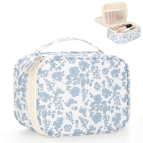 Relavel Travel Makeup Bag, Mini Floral Cosmetic Bag with 2 Makeup Brush Holders, Portable Makeup Pouch for Women, Cute Toiletry Bag with Double Layer Organizer, Blue Flower-Smaller - color: 01-Blue Flower, size: SMALL