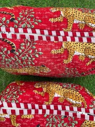 YILLE Set of 3 Pieces Block Printed Travel Organizer Kit Storage Bag for Women Makeup Bag Travel Cosmetic Bag (Red Cheetah) - color: Red Cheetah
