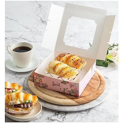 20 Pack Bakery Boxes with Window Small 6x6x2 inch for Cookie, Candy, Pastry, Brownie, Chiffon Cake, Tart, Pie, Waffle (Pink-Flamingo) - color: Pink-Flamingo