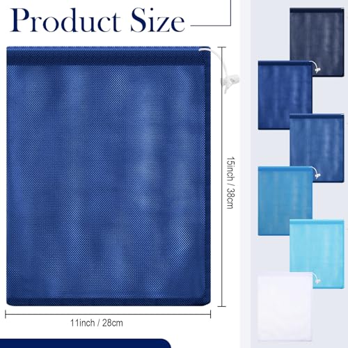 Frienda 6 Pieces Mesh Stuff Sack, 11 x 15 Inch Durable Nylon Drawstring Laundry Bag for Rinsing Beach Toys, Seashell Collecting, Mesh Bags for Travel(Blue) - color: Blue