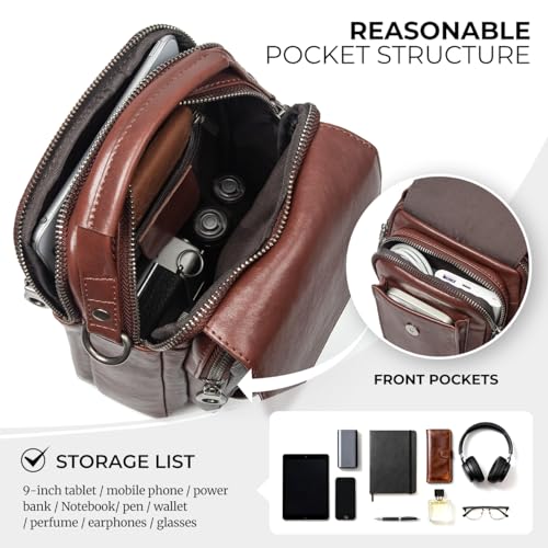 Augus Leather Small Messenger Bag For Men Crossbody Handbag Shoulder Sling Travel Bags for Men Purse Daypack Magnetic Buckle - color: Coffee-1