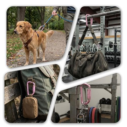 FresKaro 3inch 12kN-2698lbs Auto Locking Carabiner Clips, Solid D Shape, Heavy Duty 7075 Aluminum, Lightweight 1.09oz, Rust Proof, for Hammock, Hiking, Dog Leash, Keychain etc., Multi-Colors - color: Pink-2pcs