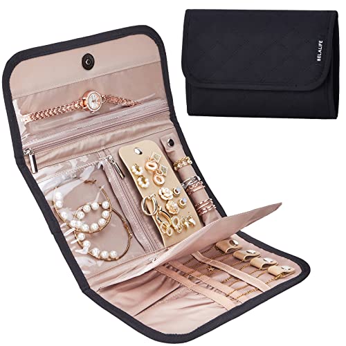 BELALIFE Travel Jewelry Case Organizer, Medium Foldable Storage Roll for Earrings, Necklaces, Rings, Bracelets, Brooches, Black - color: Black, size: Medium
