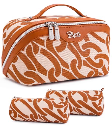 BOYATU Travel Makeup Bag for Women: Large Capacity 3-Piece Cosmetic & Toiletry Organizer - Expands Storage by 50% with 2 Detachable Pouches,Opens Flat for Easy Packing,Waterproof PU Leather(Orange) - color: A-3-Orange