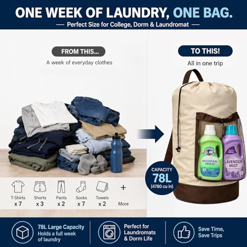 Canvans Laundry Bag Backpack, Large Travel Laundry Bag with Shoulder Straps, Drawstring Closure & Mesh Pocket, Clothes Hamper for Dorm, Travel, Laundromat (Khaki) - color: Khaki