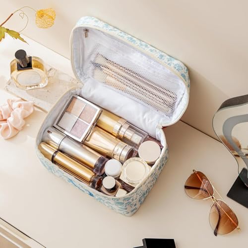 HBselect Initial Quilted Makeup Bag, Cotton Large Travel Make up Bag, Cute Floral Coquette Cosmetic Bag Toiletry Bag for Women Girls A - color: 1Pc Large Blueflower, style: A