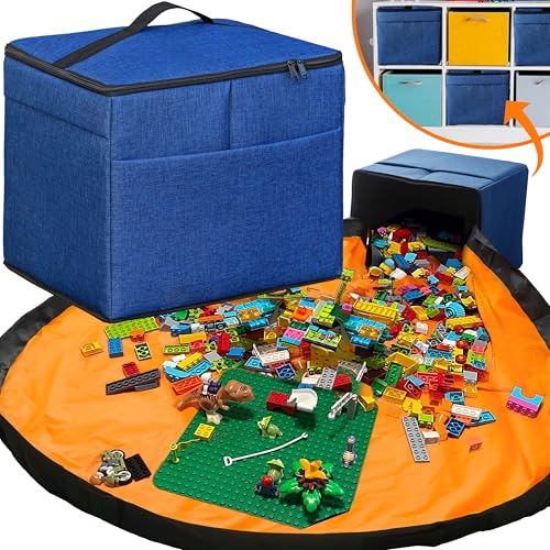XL Toy Storage Organizer with Play Mat - Storage Bag/Box for Kids, Boys, Girls, Nursery, Playroom - Basket for Building Bricks/Blocks - Collapsible Fabric Cube Bin, 13"x13"x15" - color: Navy Blue