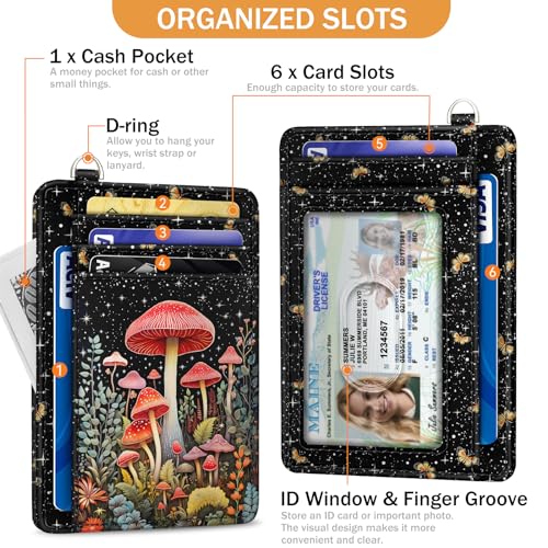 Yonlevres Mushroom Credit Card Holder Slim Wallet, RFID Wallet Women Front Pocket Small Card Holder, Travel Funny Cute Thin Card Case with ID Window PU Leather RFID Blocking Card Organizer Gifts Girls - color: Mushroom
