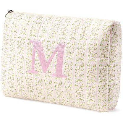 HBselect Initial Quilted Makeup Bag, Pink Cosmetic Travel Toiletry Bag, Flowers Coquette Zipper Make Up Pouch Organizer Teen Girl Gift Trendy Stuff M - color: 1Pc Medium Pinkflower, style: M