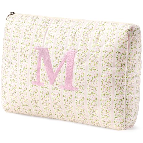 HBselect Initial Quilted Makeup Bag, Pink Cosmetic Travel Toiletry Bag, Flowers Coquette Zipper Make Up Pouch Organizer Teen Girl Gift Trendy Stuff M - color: 1Pc Medium Pinkflower, style: M